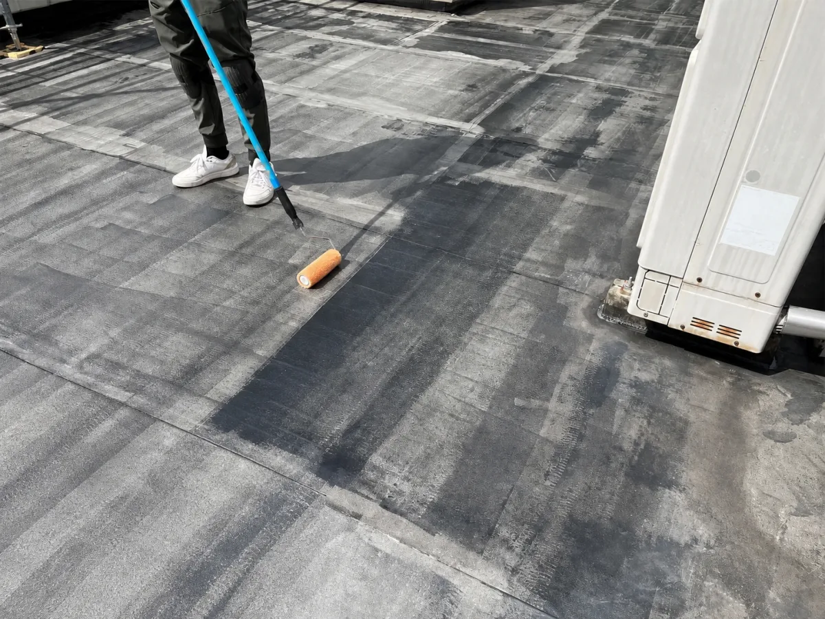 屋上の下地にプライマーを塗布する様子